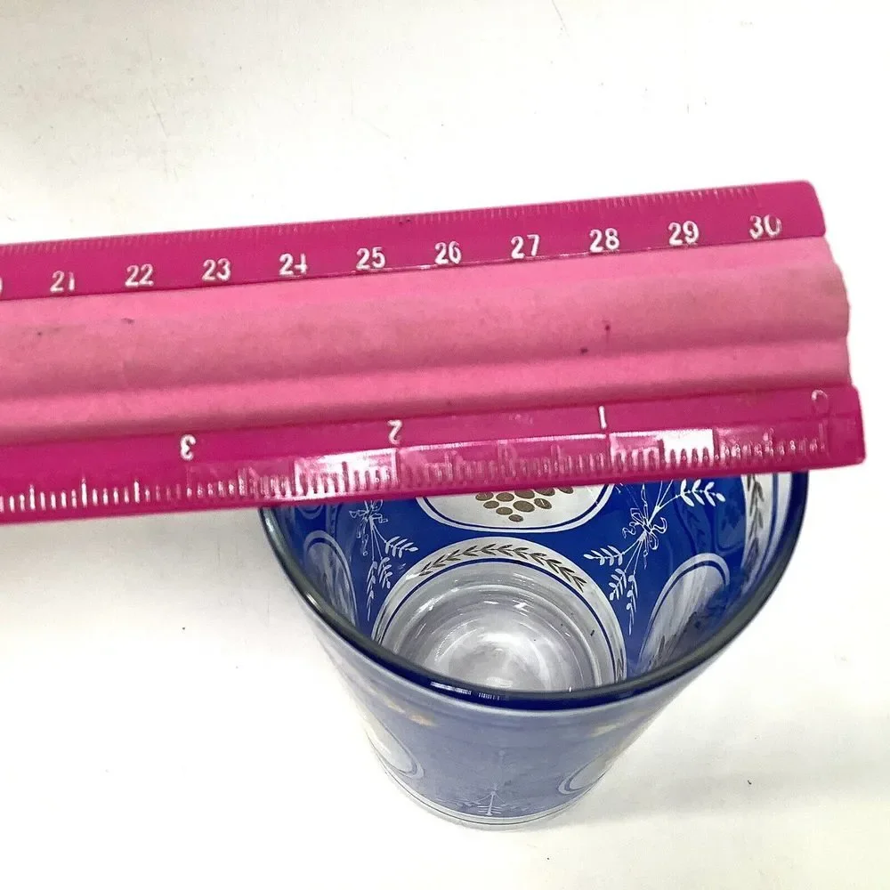 Vtg Mid Century Cobalt Blue Wheat Gold Grapes‎ Glass Drinking Tumbler 2.5